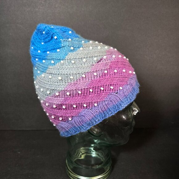 Handmade Knit Hat Faux Pearl Pink Blue Gray Swirl Design Warm Winter Wool Blend main image 5